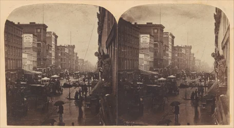 Broadway bajo la Lluvia, probablemente tomada desde 308 o 310 Broadway, Ciudad de Nueva York, ca. 1860s