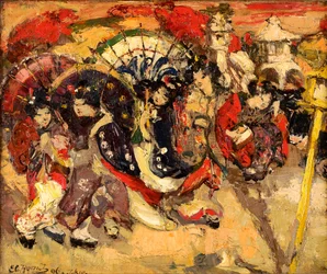 Figuras japonesas en un jardín