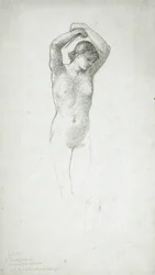 Desnudo femenino de pie con los brazos levantados