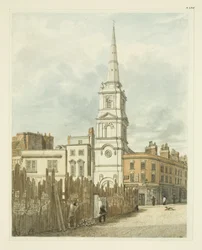 Christ Church desde el Exchange con el sitio despejado para la construcción de la Nueva Casa del Consejo