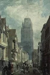 Calle Redcliffe, Bristol, mostrando la Torre de la Iglesia de Santa María Redcliffe