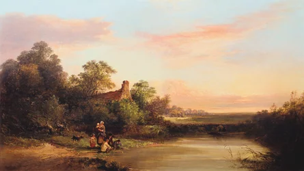 Paisaje inglés con cabaña y arroyo
