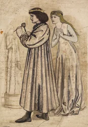 Escena del rey René esculpiendo una figura mientras es observado por su nueva esposa (pluma y tinta china con aguada y lápiz sobre papel)