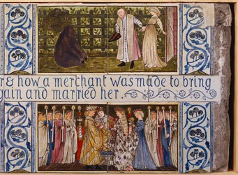 La Bella y la Bestia, panel de azulejos, Morris, Marshall, Faulkner & Co., c.1867