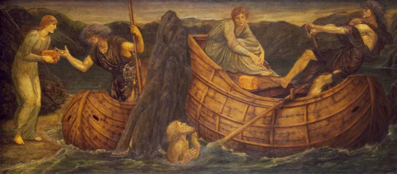 Cupido y Psique - Murales de Palace Green - Psique dando la moneda al barquero del Estigia, 1881