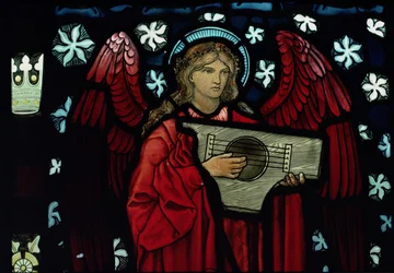 (detalle) del Ángel Músico, hecho por William Morris y Co., 1882