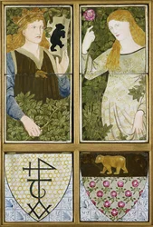 Rey Arturo y la Reina Ginebra, panel de seis azulejos fabricado por Morris, Marshall, Faulkner & Co.