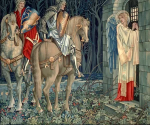 Búsqueda del Santo Grial Tapices - Panel 3 - El Fracaso de Sir Gawaine; Sir Gawaine y Sir Uwaine en la Capilla en Ruinas