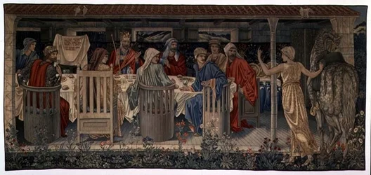 Búsqueda del Santo Grial Tapices, Panel 1, Caballeros de la Mesa Redonda convocados a la búsqueda por la Dama Extraña, 1898-1899