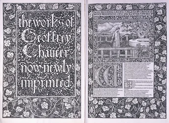 Página de título y página de apertura de la edición de Kelmscott Press de "Las obras de Geoffrey Chaucer", 1896