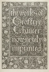 Página del título, de Las obras de Geoffrey Chaucer ahora recién impresas, grabado por William Morris, 1896
