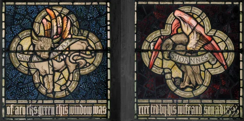 Birmingham, Acocks Green, St Mary the Virgin, Morris & Co., Edward Burne-Jones, John Henry Dearle (1859-1932), Símbolos de los evangelistas, San Lucas y San Juan, 1895