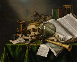 Vanitas. Bodegón con libros, manuscritos y una calavera