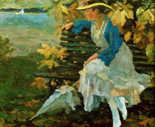 Mujer en un banco junto a un lago