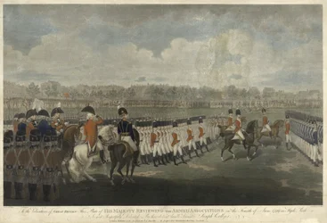 El Rey revisando la Asociación Armada en Hyde Park el 4 de junio de 1799, grabado por J. Collyer, 1801