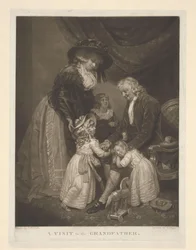 Mujer con tres hijos visitando a su abuelo Una visita al abuelo (título sobre el objeto)