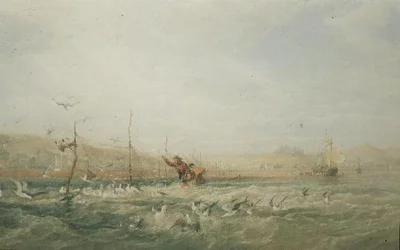 Pescadores persiguiendo gaviotas desde las redes, Mumbles, Gales del Sur