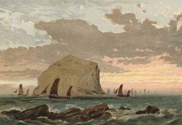 Amanecer, flota de barcos de pesca frente a Bass Rock