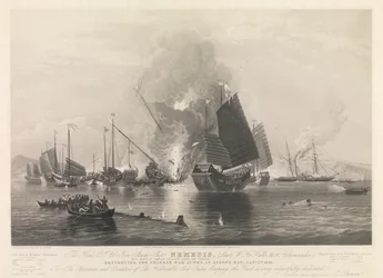 El Hon. E.I. Co. Iron Steam Ship Nemesis, ... con botes de Sulphur, Calliope, Larne y Starling, destruyendo los juncos de guerra chinos, en Anson
