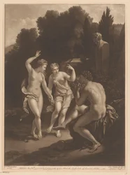 Hombre tocando la flauta frente a dos ninfas bailando