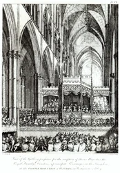 Vista de la Galería preparada para la recepción de sus Majestades la Familia Real, Directores y principales Personajes del Reino en la Conmemoración de Handel en la Abadía de Westminster