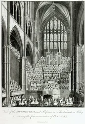 Vista de la orquesta y los intérpretes en la Abadía de Westminster, durante la conmemoración de Handel, publicado por Charles Burney, 1785