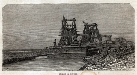 Dragas en el Canal de Suez, dibujo de Grenet, para ilustrar una excursión al Canal de Suez en 1862 por Paul Merruau. Grabado en "Le tour du monde", editado por Edouard Charton