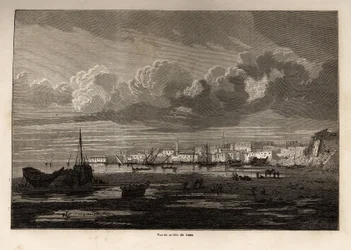 Vista de la ciudad de Suez (Egipto), dibujo de Grenet, para ilustrar una excursión al Canal de Suez, en 1862, por Paul Merruau. Grabado en "Le tour du monde", editado por Edouard Charton