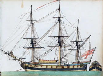 Barco británico de 20 cañones, mostrando jarcias y un bote de barco, y una vista separada de la popa, c.1780 (acuarela, pluma y tinta )