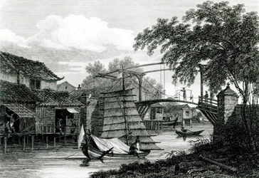 Puente levadizo en Malaca, grabado por George Cooke