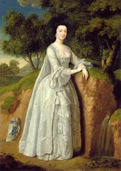 Elizabeth Montague de pie en un paisaje boscoso, c.1750