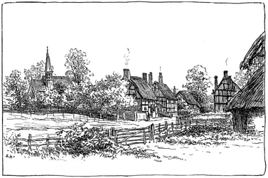 Pueblo de Luddington y nueva iglesia, Warwickshire, 1885