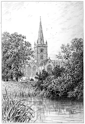 Iglesia de Stratford vista desde el río, Stratford-upon-Avon, Warwickshire, 1885