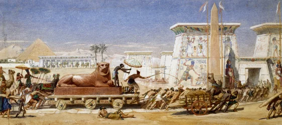 Antiguo Egipto: El transporte de una estatua de león al templo Esclavos tirando del carro