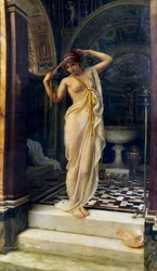 "Diadumene" Joven desnuda atándose la venda en un baño de estilo antiguo. Pintura de Edward John Poynter (1836-1919) (clasicismo) 1893