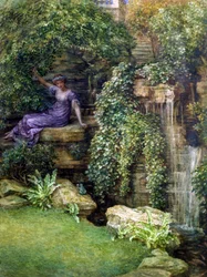 "La princesa y el sapo" Encuentro en un jardín romántico de una joven princesa y un sapo (príncipe azul), Pintura de Edward John Poynter (1836-1919) (prerafaelita)