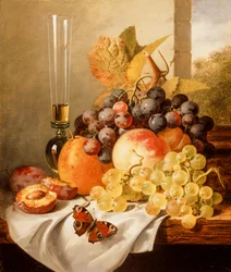 Fruta en una repisa drapeada con un almirante rojo (óleo sobre lienzo)
