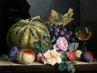Naturaleza muerta de flores y frutas. Pintura de Edward Ladell (1821-1886) Colección particular.