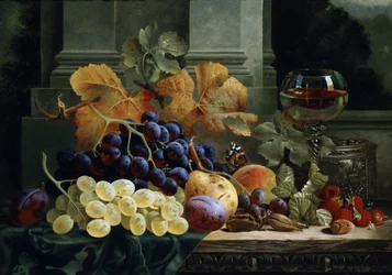 Naturaleza muerta de fruta y mariposa. Pintura de Edward Ladell (1821-1886) Colección particular.