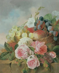 Naturaleza muerta de frutas y rosas en un borde