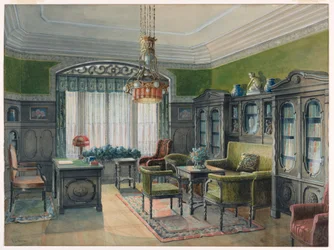 Dibujo, Interior de biblioteca u oficina, ca. 1915
