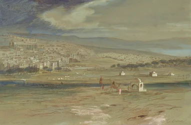 Vista de la ciudad de Hebrón con camellos y figuras en primer plano