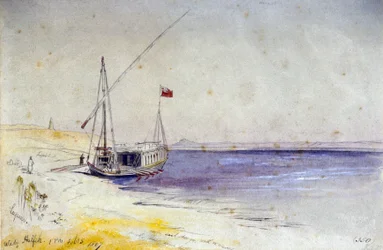 Un barco egipcio atracado en la orilla del Nilo, cerca de Wady Halfeh (Egipto). Dibujo en acuarela coloreada