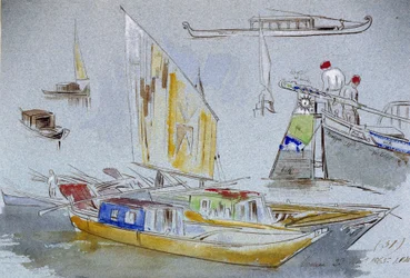 Estudios de barcos venecianos. Dibujo en acuarela coloreada, por Edward Lear (1812-1888).