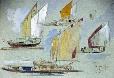 Estudios de barcos venecianos a toda vela. Dibujo en acuarela coloreada, por Edward Lear (1812-1888).