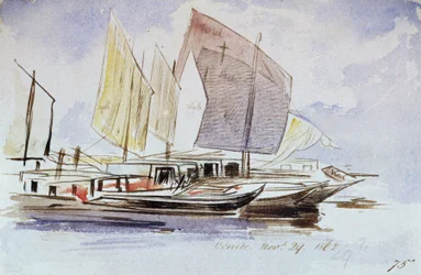Estudios de barcos venecianos, a toda vela, vista a estribor. Dibujo en acuarela coloreada, por Edward Lear (1812-1888).