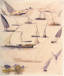 Estudios de varios barcos egipcios. Dibujo en acuarela coloreada