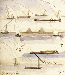 Estudio de varios barcos egipcios (Dahabeeyahs y Gyassis), con una escena delante de las pirámides de Giza (El Cairo) en el centro de la página.