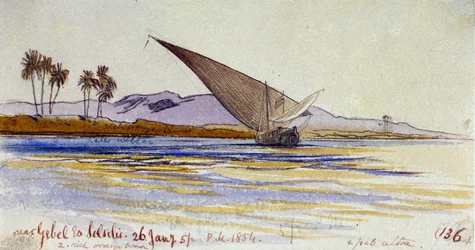 Las orillas del Nilo (Egipto), con palmeras y gyassi frente a la orilla, cerca de Gebel el Silsileh. Dibujo en acuarela coloreada
