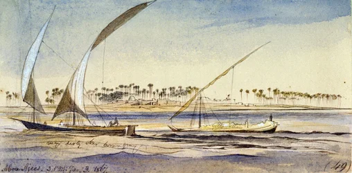 Dos barcos egipcios (un nuggar y un djem) navegando por el Nilo, cerca de Abu Ajees (Egipto). Dibujo en acuarela coloreada